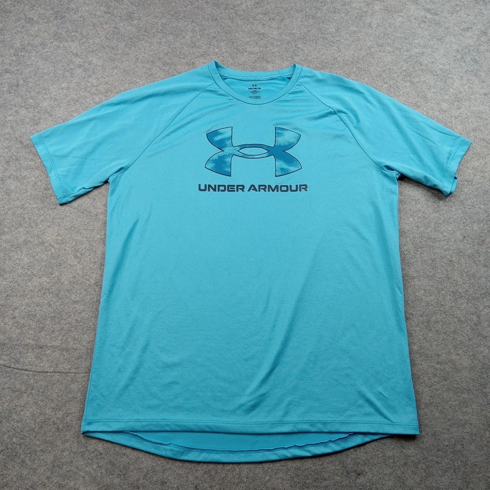 Under Armour Shirt Mens Medium Blue Loose Fit Big Logo Short Sleeve Athletic